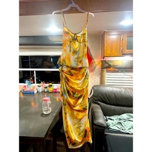 Orange Tie Dye Print Corset Top & Orange Tie Dye Ruched Side Midi Skirt